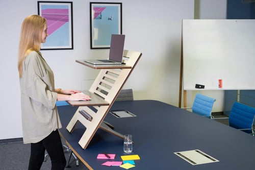 mujer de pie en el computador portatil